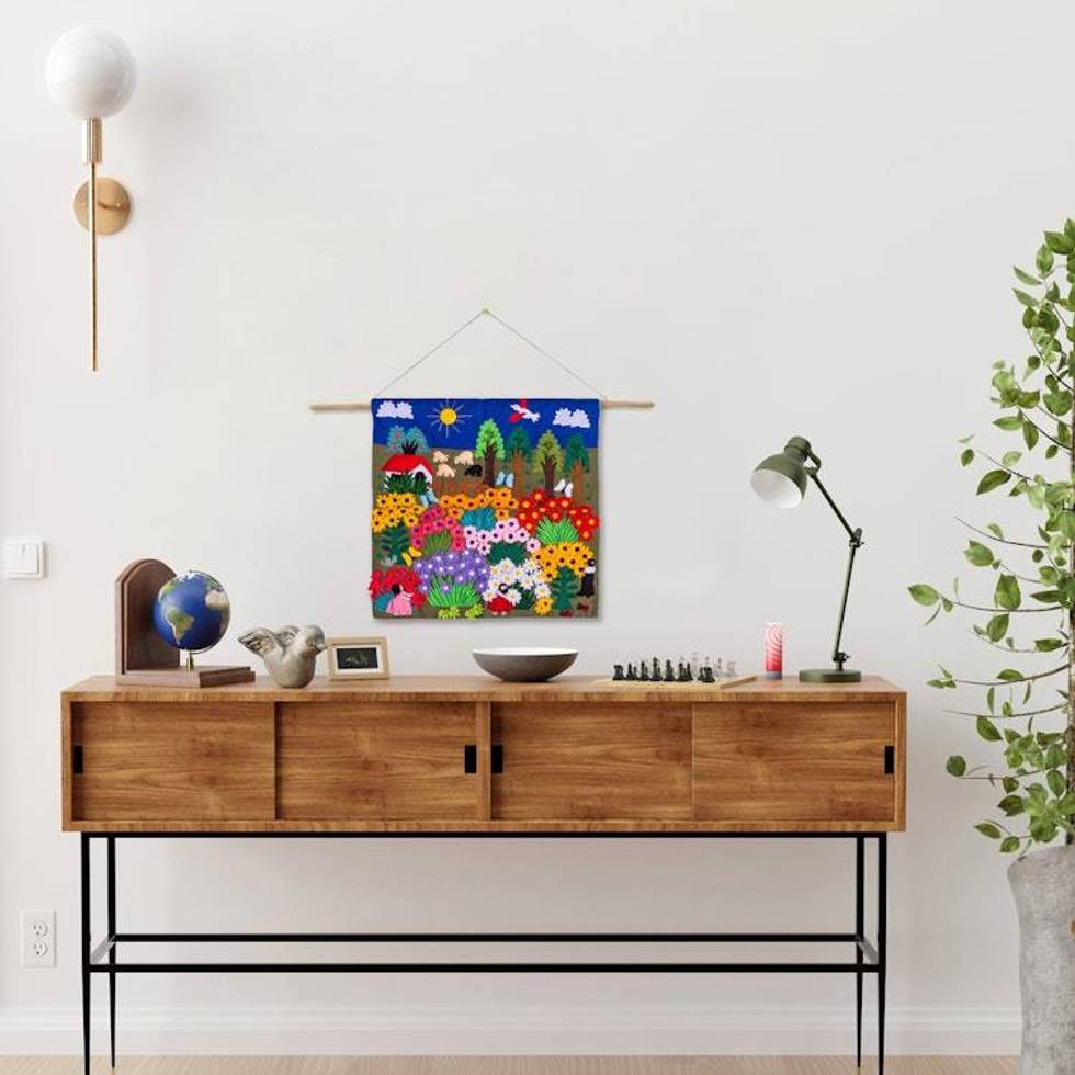 Cheerful Applique Arpilleria Wall Hanging from Peru 'Harvesting Joy'