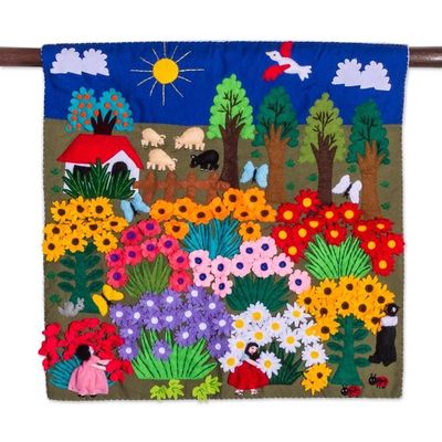 Alternate image for Cheerful Applique Arpilleria Wall Hanging from Peru Harvesting Joy