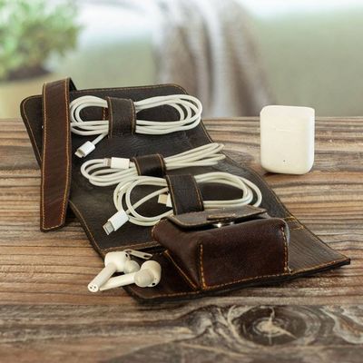 Alternate image for Artisan Crafted Leather Headphone Cable Organizer from Peru Always Prepared
