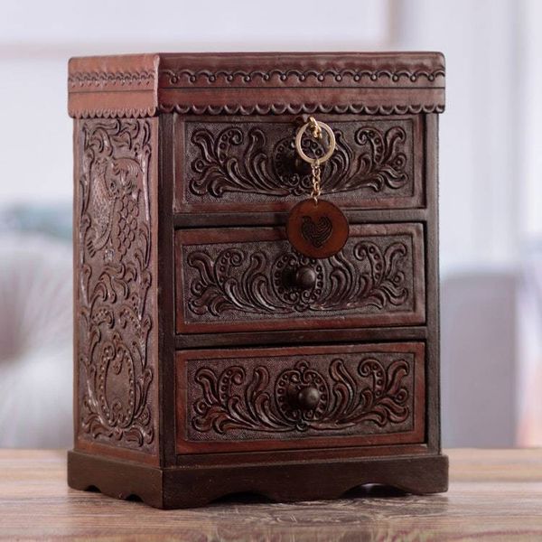 Alternate image for Embossed Mohena Wood and Leather Chest with Key Embossed Treasure