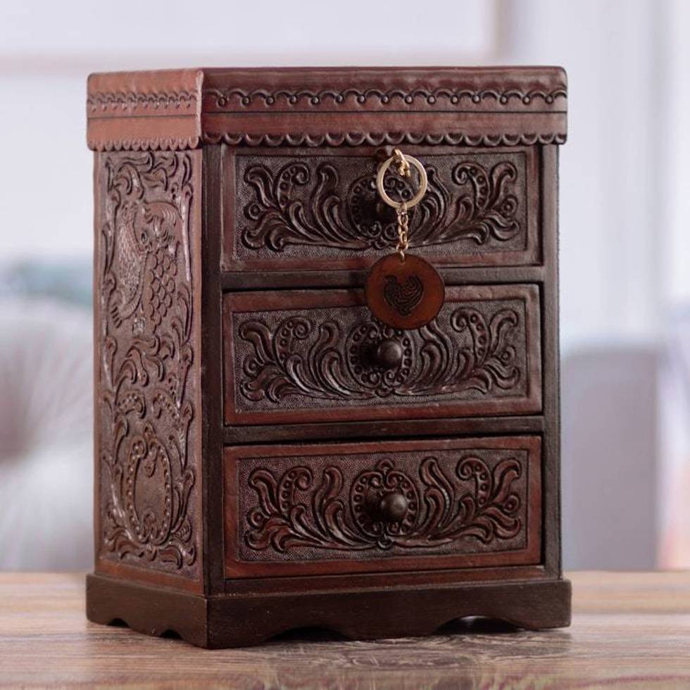 Embossed Mohena Wood and Leather Chest with Key 'Embossed Treasure'