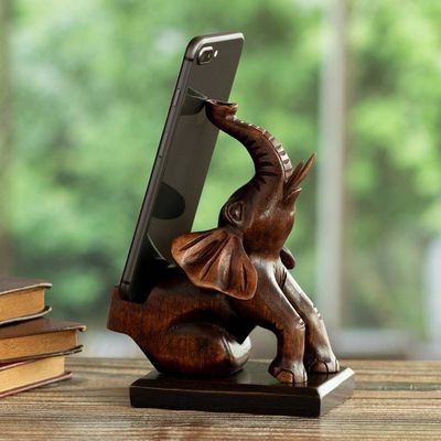Alternate image for Cedar Wood Hand-Carved Elephant Phone Holder from Peru Prosperity Elephant