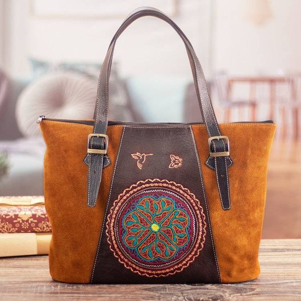Alternate image for Suede Leather Tote Bag with Hand-Embroidered Embossed Motifs Cusco Flowers