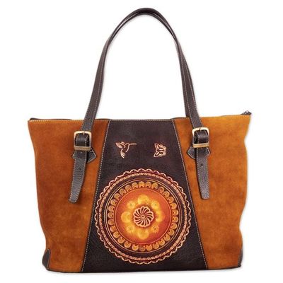 Alternate image for Suede Leather Tote Bag with Hand-Embroidered Embossed Motifs Cusco Flowers