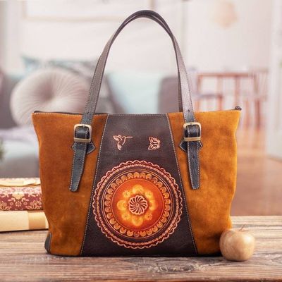 Alternate image for Suede Leather Tote Bag with Hand-Embroidered Embossed Motifs Cusco Flowers