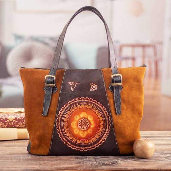 Alternate image for Suede Leather Tote Bag with Hand-Embroidered Embossed Motifs Cusco Flowers
