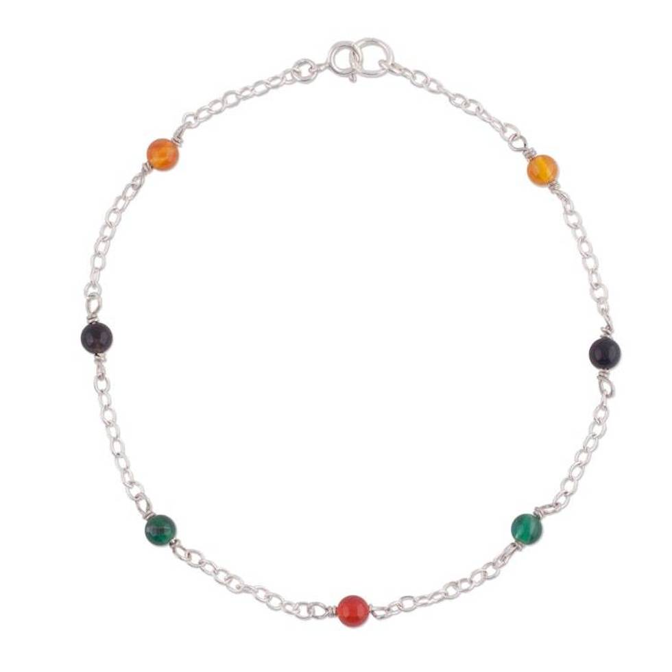 Multicolored Agate and Sterling Silver Anklet from Peru 'Leisurely Walk'