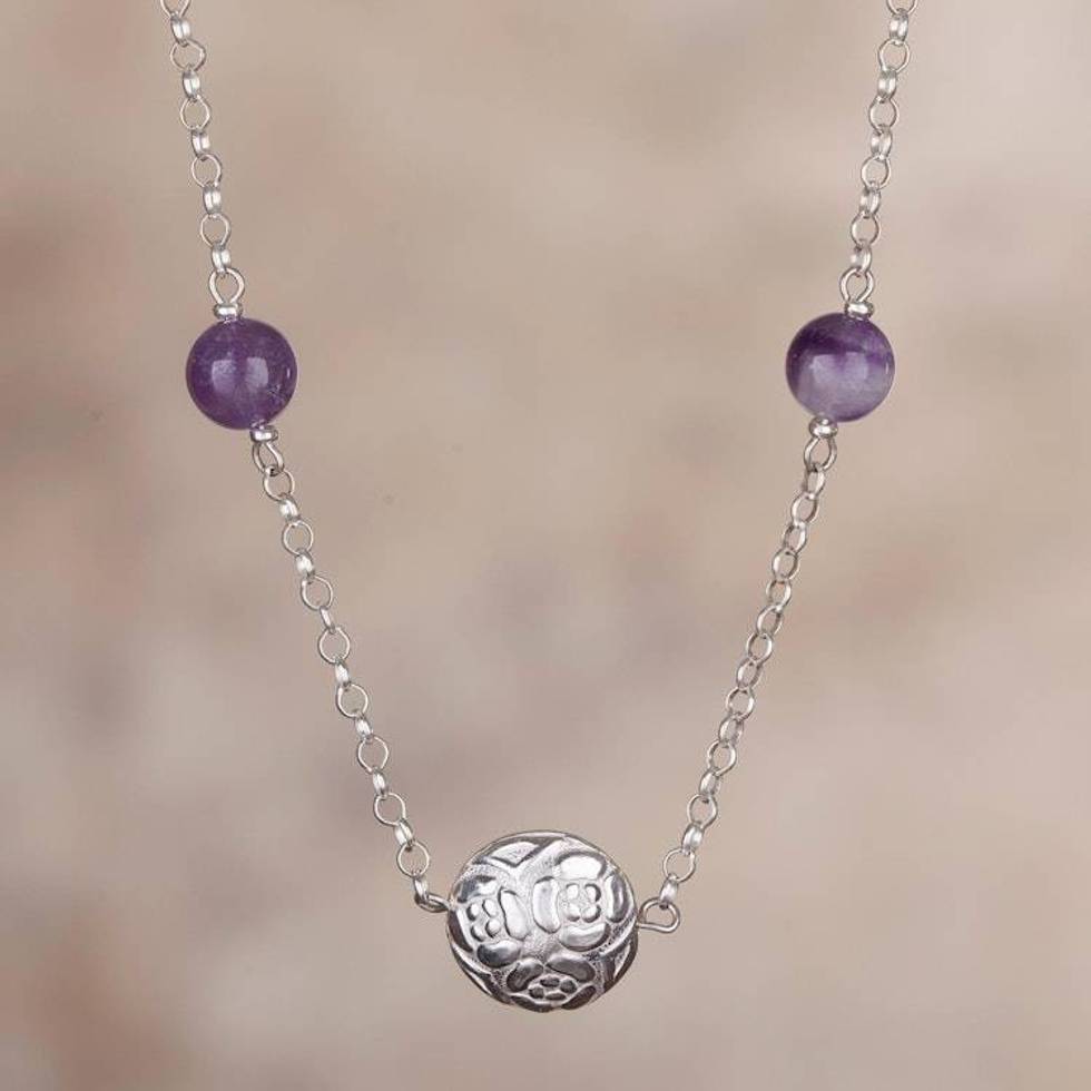 Amethyst and Coconut Shell Pendant Necklace from Peru 'Lovely Garden'