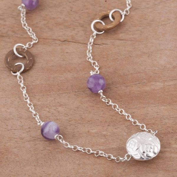 Alternate image for Amethyst and Coconut Shell Pendant Necklace from Peru Lovely Garden