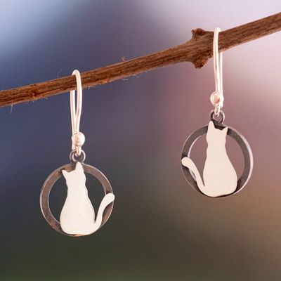 Alternate image for Cat Back Silhouette-Themed Polished Oxidized Silver Earrings Midnight Reflection