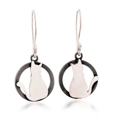 Alternate image for Cat Back Silhouette-Themed Polished Oxidized Silver Earrings Midnight Reflection