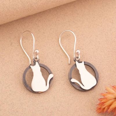 Alternate image for Cat Back Silhouette-Themed Polished Oxidized Silver Earrings Midnight Reflection