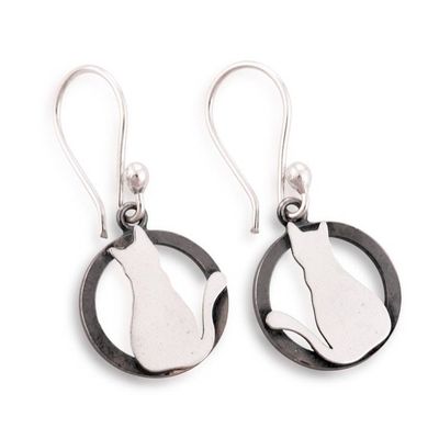 Alternate image for Cat Back Silhouette-Themed Polished Oxidized Silver Earrings Midnight Reflection