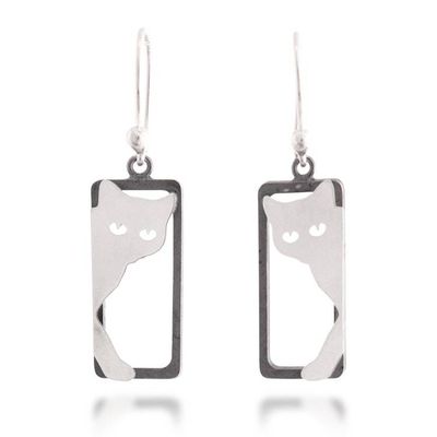 Alternate image for Cat-Themed Rectangular Modern Silver Dangle Earrings Stylized Shadows