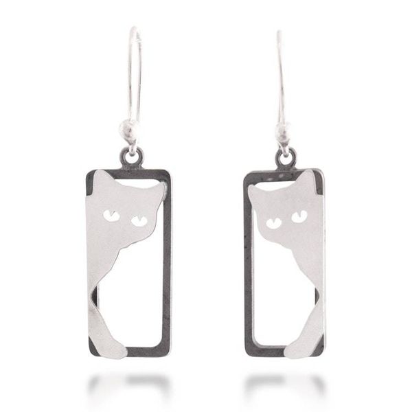 Alternate image for Cat-Themed Rectangular Modern Silver Dangle Earrings Stylized Shadows
