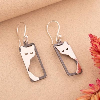 Alternate image for Cat-Themed Rectangular Modern Silver Dangle Earrings Stylized Shadows