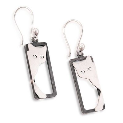 Alternate image for Cat-Themed Rectangular Modern Silver Dangle Earrings Stylized Shadows