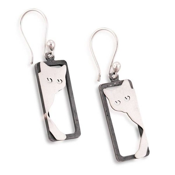 Alternate image for Cat-Themed Rectangular Modern Silver Dangle Earrings Stylized Shadows