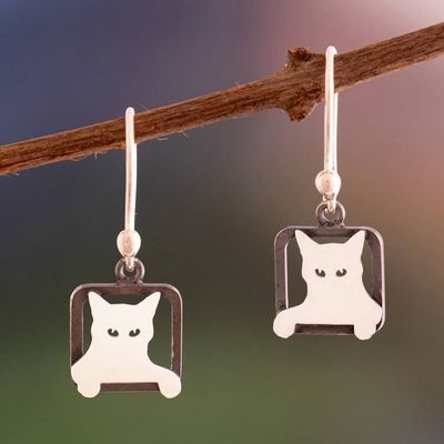 Alternate image for Modern Square Sterling Silver Dangle Earrings of Peeking Cat Mischievous Sparkle