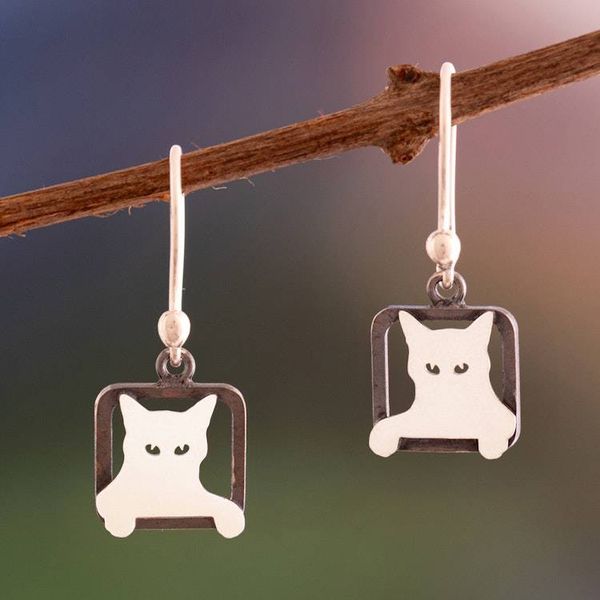 Alternate image for Modern Square Sterling Silver Dangle Earrings of Peeking Cat Mischievous Sparkle