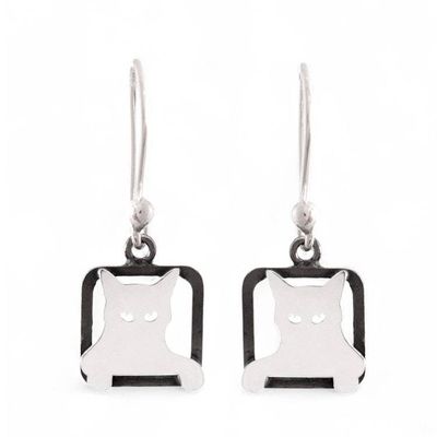Alternate image for Modern Square Sterling Silver Dangle Earrings of Peeking Cat Mischievous Sparkle