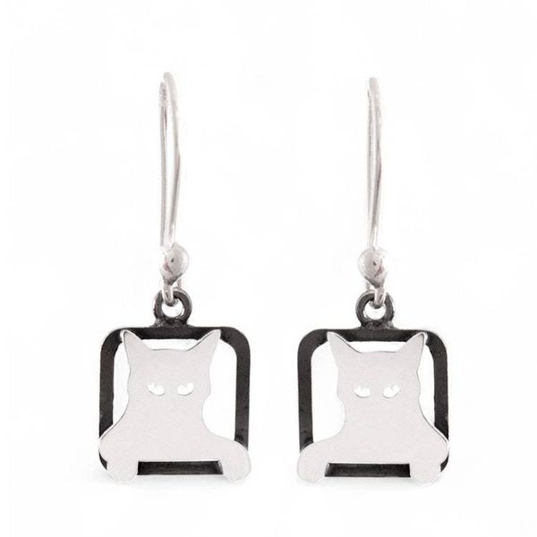 Alternate image for Modern Square Sterling Silver Dangle Earrings of Peeking Cat Mischievous Sparkle