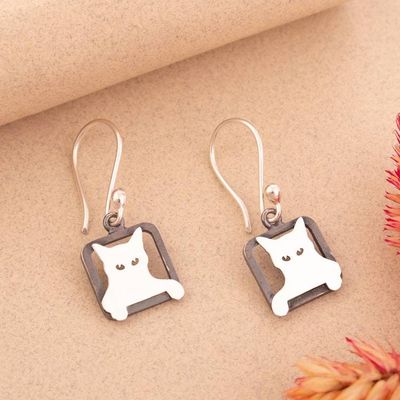 Alternate image for Modern Square Sterling Silver Dangle Earrings of Peeking Cat Mischievous Sparkle