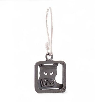 Alternate image for Modern Square Sterling Silver Dangle Earrings of Peeking Cat Mischievous Sparkle