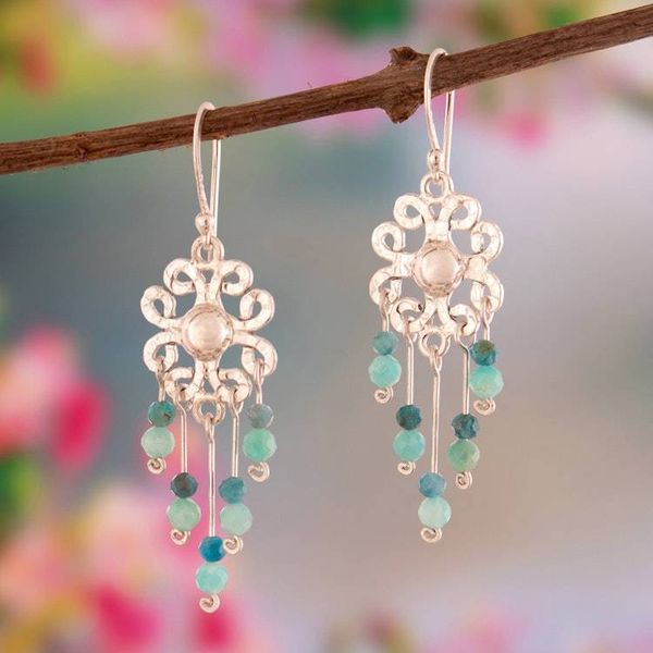 Alternate image for Floral-Themed Natural Amazonite Silver Chandelier Earrings Fabulous Flowers