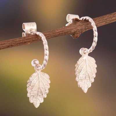 Alternate image for Sterling Silver Half-Hoop Earrings with Textured Leaf Design Andean Leaves