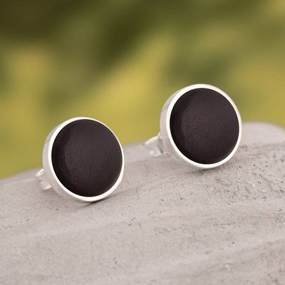 Alternate image for Round Silver Button Earrings with Cabochon Black Onyx Stones Classic Black