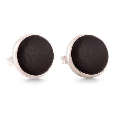 Alternate image for Round Silver Button Earrings with Cabochon Black Onyx Stones Classic Black