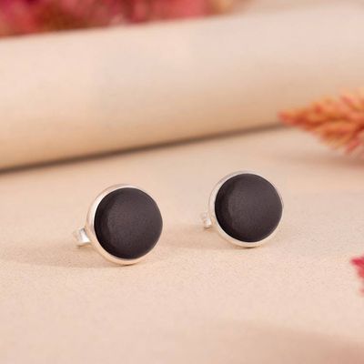 Alternate image for Round Silver Button Earrings with Cabochon Black Onyx Stones Classic Black