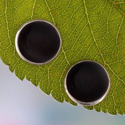 Alternate image for Round Silver Button Earrings with Cabochon Black Onyx Stones Classic Black