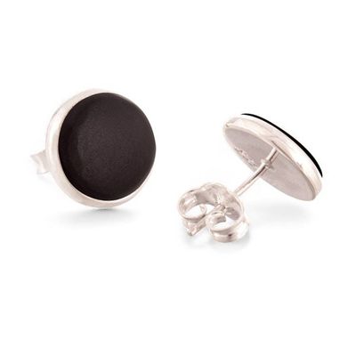 Alternate image for Round Silver Button Earrings with Cabochon Black Onyx Stones Classic Black