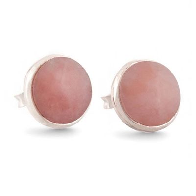 Alternate image for Round Silver Button Earrings with Cabochon Rose Quartz Gems Classic Pink