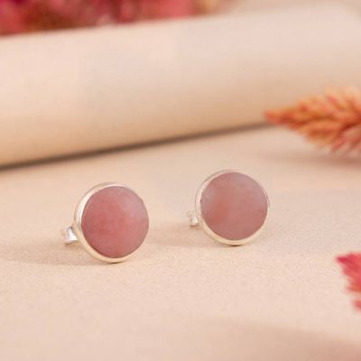 Alternate image for Round Silver Button Earrings with Cabochon Rose Quartz Gems Classic Pink