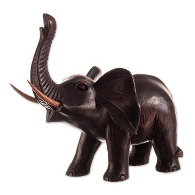 Alternate image for Artisan-Made Hand-Carved Brown Cedarwood Elephant Sculpture Eternal Wisdom