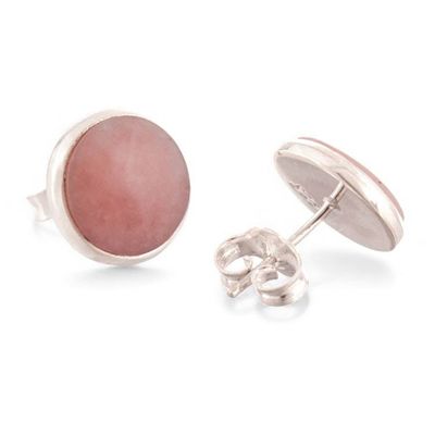 Alternate image for Round Silver Button Earrings with Cabochon Rose Quartz Gems Classic Pink