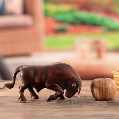 Alternate image for Hand-Carved Dark Brown Cedarwood Bull Sculpture from Peru Andean Bravery