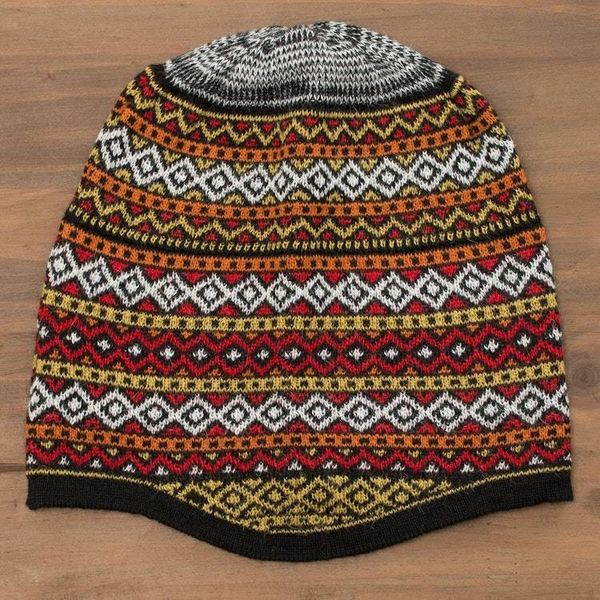 Alternate image for White and Multicolored Alpaca Blend Knit Hat from Peru Bright Diamonds