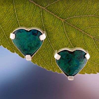 Alternate image for Romantic Chrysocolla Silver Button Earrings with Heart Motif Exotic Liaisons