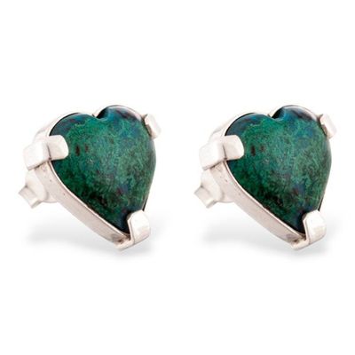 Alternate image for Romantic Chrysocolla Silver Button Earrings with Heart Motif Exotic Liaisons