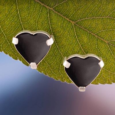 Alternate image for Heart-Shaped Silver Button Earrings with Black Onyx Stones Exquisite Liaisons