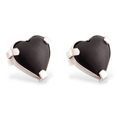 Alternate image for Heart-Shaped Silver Button Earrings with Black Onyx Stones Exquisite Liaisons