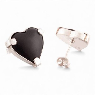 Alternate image for Heart-Shaped Silver Button Earrings with Black Onyx Stones Exquisite Liaisons