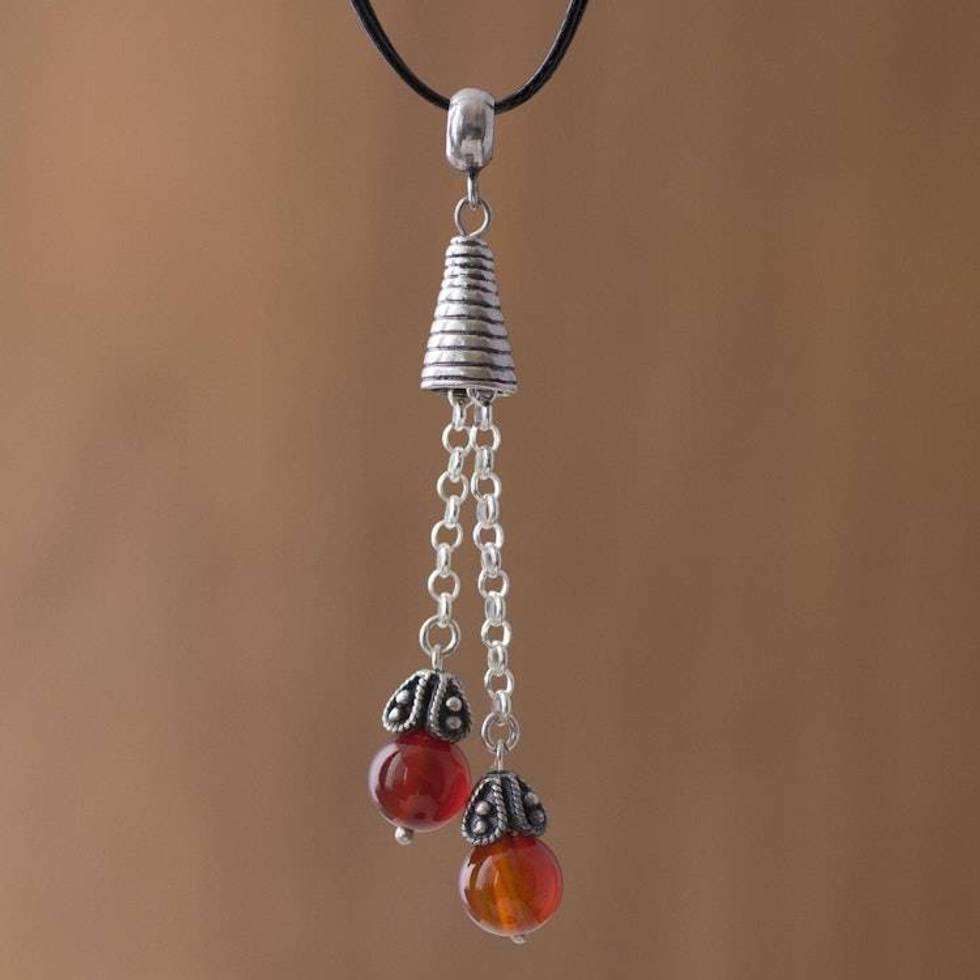 Agate and Silver Pendant Necklace on Cotton Cord from Peru 'Floral Pendulums'