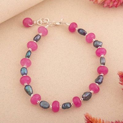 Alternate image for Adjustable Agate Black Cultured Pearl Silver Beaded Bracelet Crimson Dawn