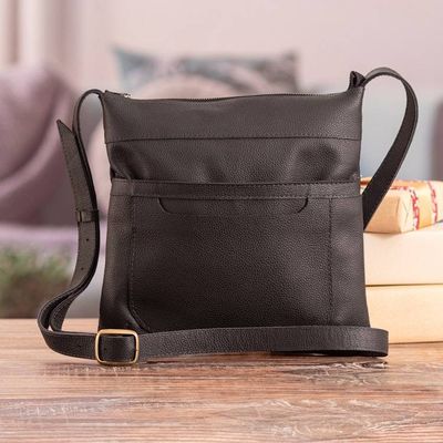 Alternate image for Zippered Black 100 Leather Sling Bag with Adjustable Strap Todays Adventure in Black