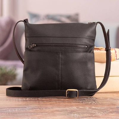 Alternate image for Zippered Black 100 Leather Sling Bag with Adjustable Strap Todays Adventure in Black